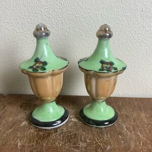 VTG Salt and Pepper Green‎ Orange 1930s Lusterware hand painted Floral Japan